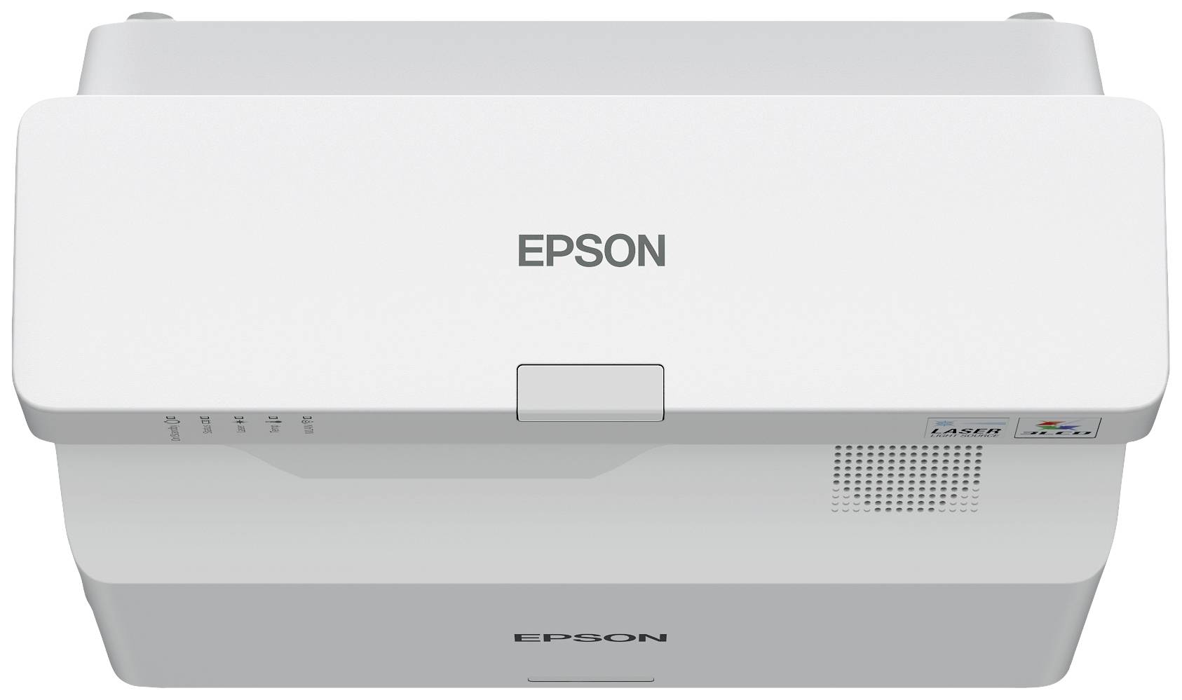 Biały drukarka Epson widziany z góry. Wyraźnie widoczne jest logo Epson oraz elementy sterujące w lewym górnym rogu.