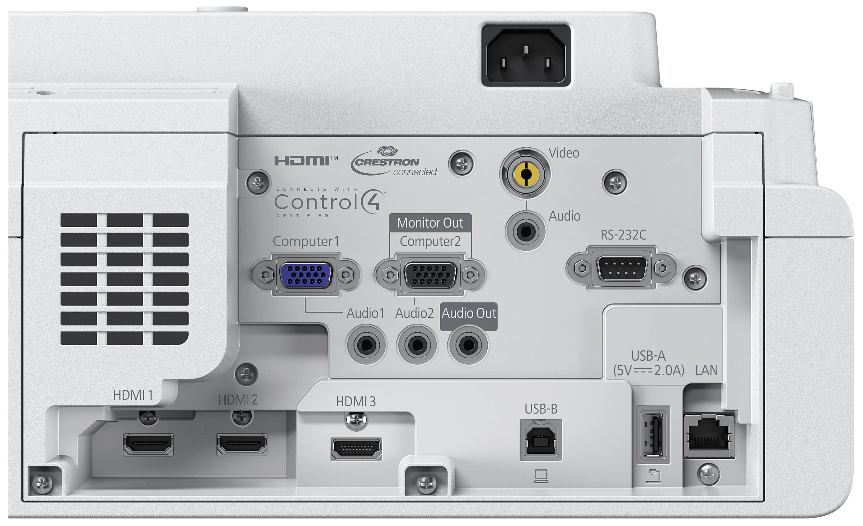 Tył projektora pokazuje kilka złączy, w tym HDMI, USB, VGA, LAN i Audio. Złącza są wyraźnie oznaczone.