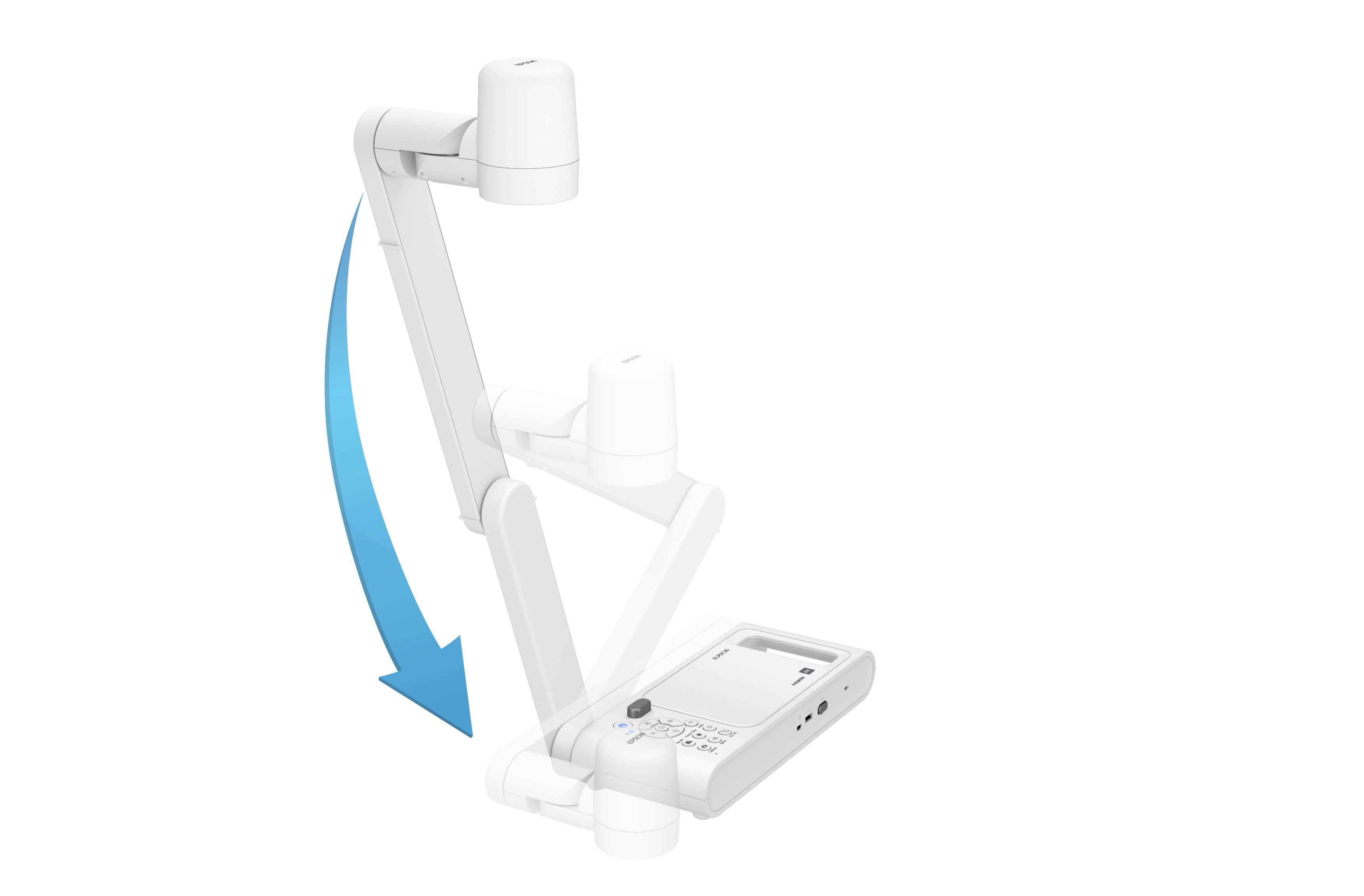 Kamera dokumentacyjna w kolorze białym z obrotowym ramieniem i niebieską strzałką wskazującą kierunek ruchu ramienia w dół.