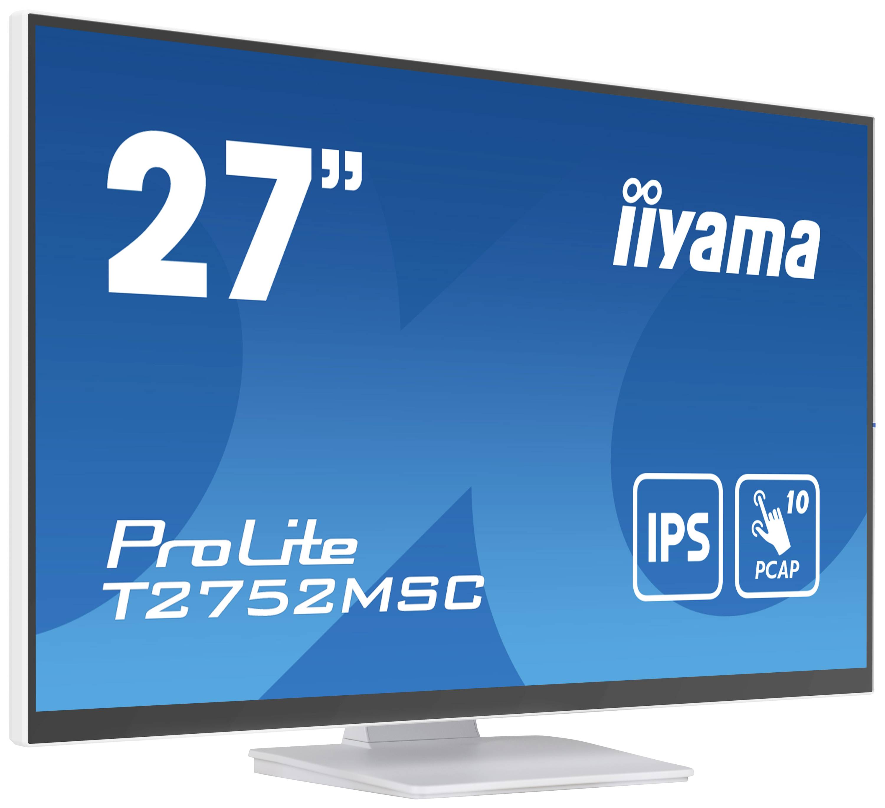 Monitor iiyama ProLite T2752MSC, 27 cali. Niebieska płaszczyzna wyświetlacza z białymi grafikami: '27"', 'IPS', 'PCAP 10', logo marki.