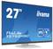 Monitor iiyama ProLite T2752MSC, 27 cali. Niebieska płaszczyzna wyświetlacza z białymi grafikami: '27"', 'IPS', 'PCAP 10', logo marki.