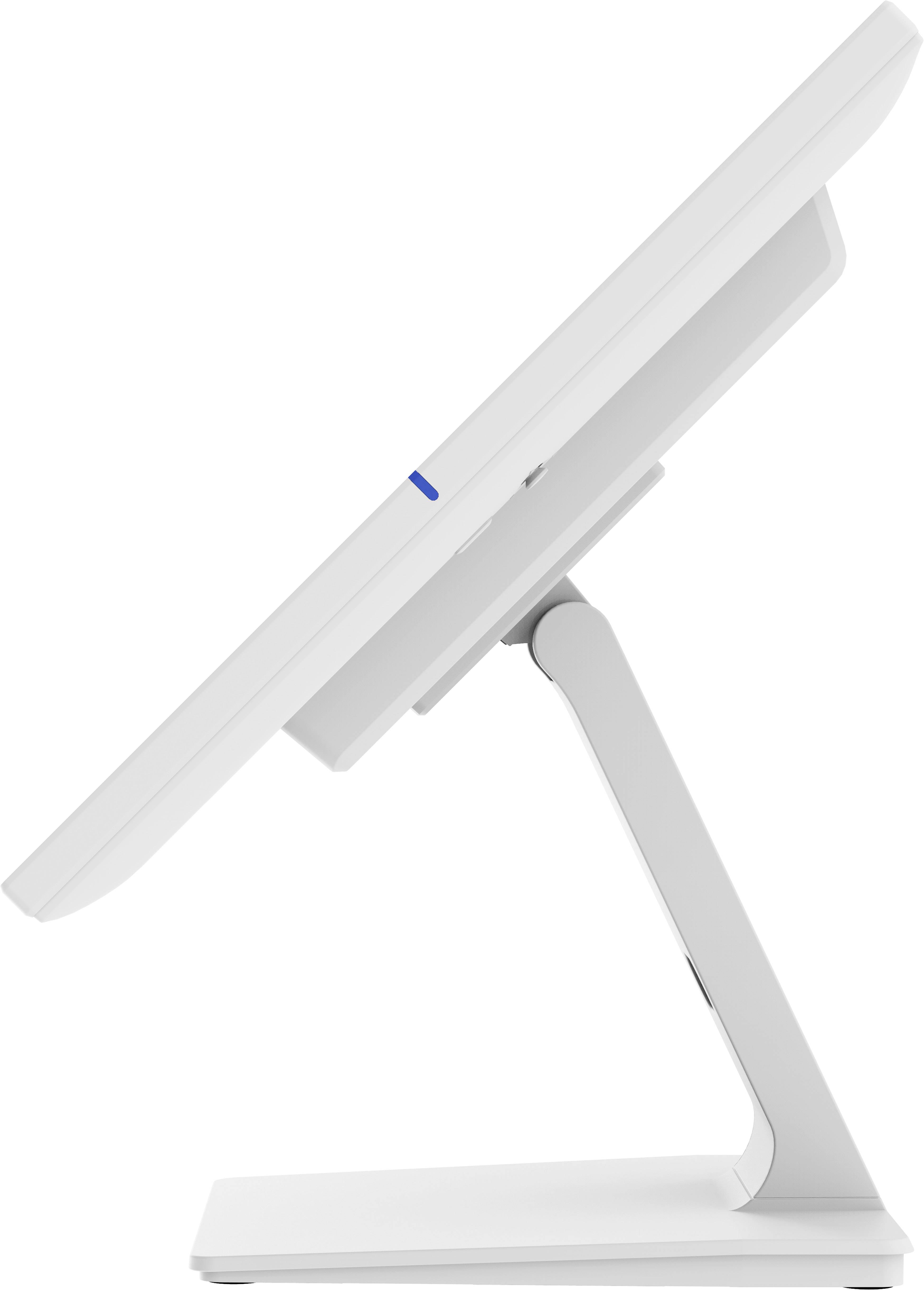 Widok z boku nowoczesnego, białego monitora na podstawce. Monitor jest cienki i minimalistyczny w swoim designie.