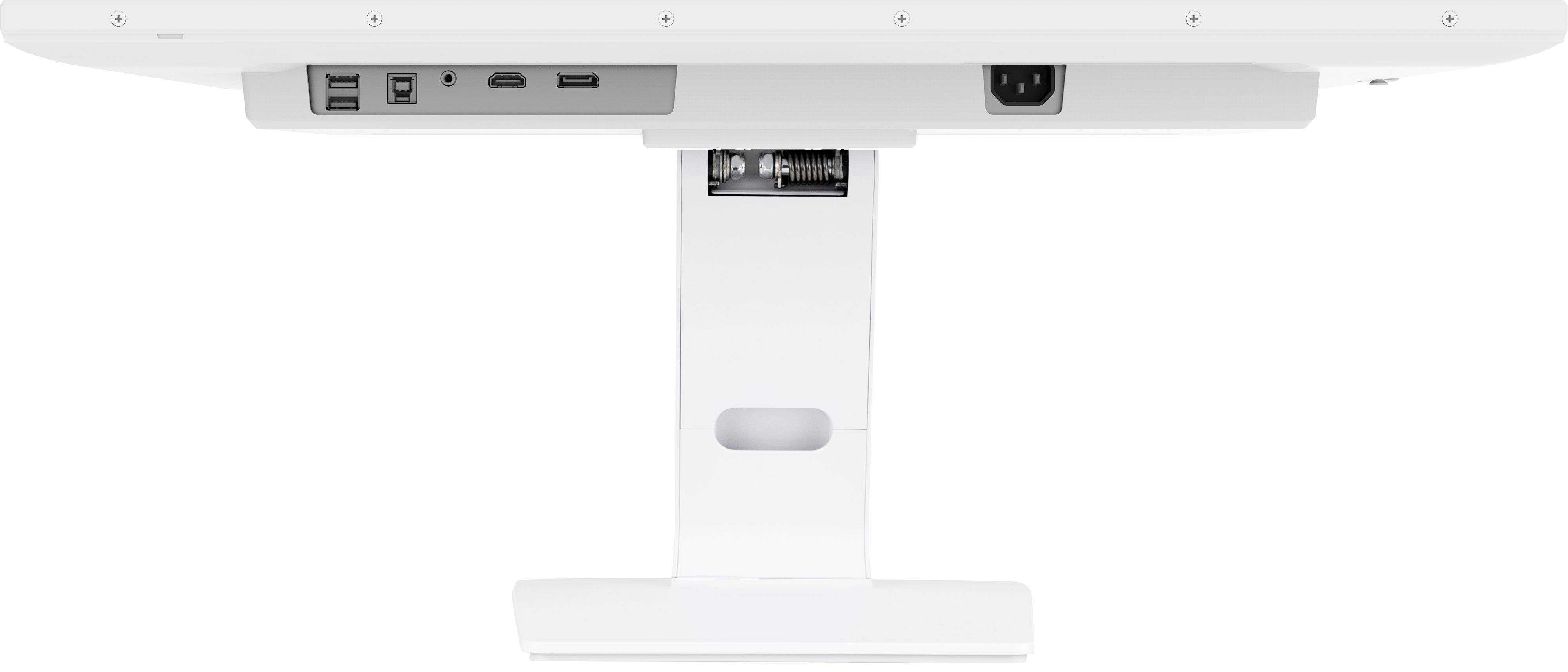 Biały stojak na monitor z wieloma portami, w tym USB i HDMI. Stoi na stanowisku roboczym i charakteryzuje się minimalistycznym designem.