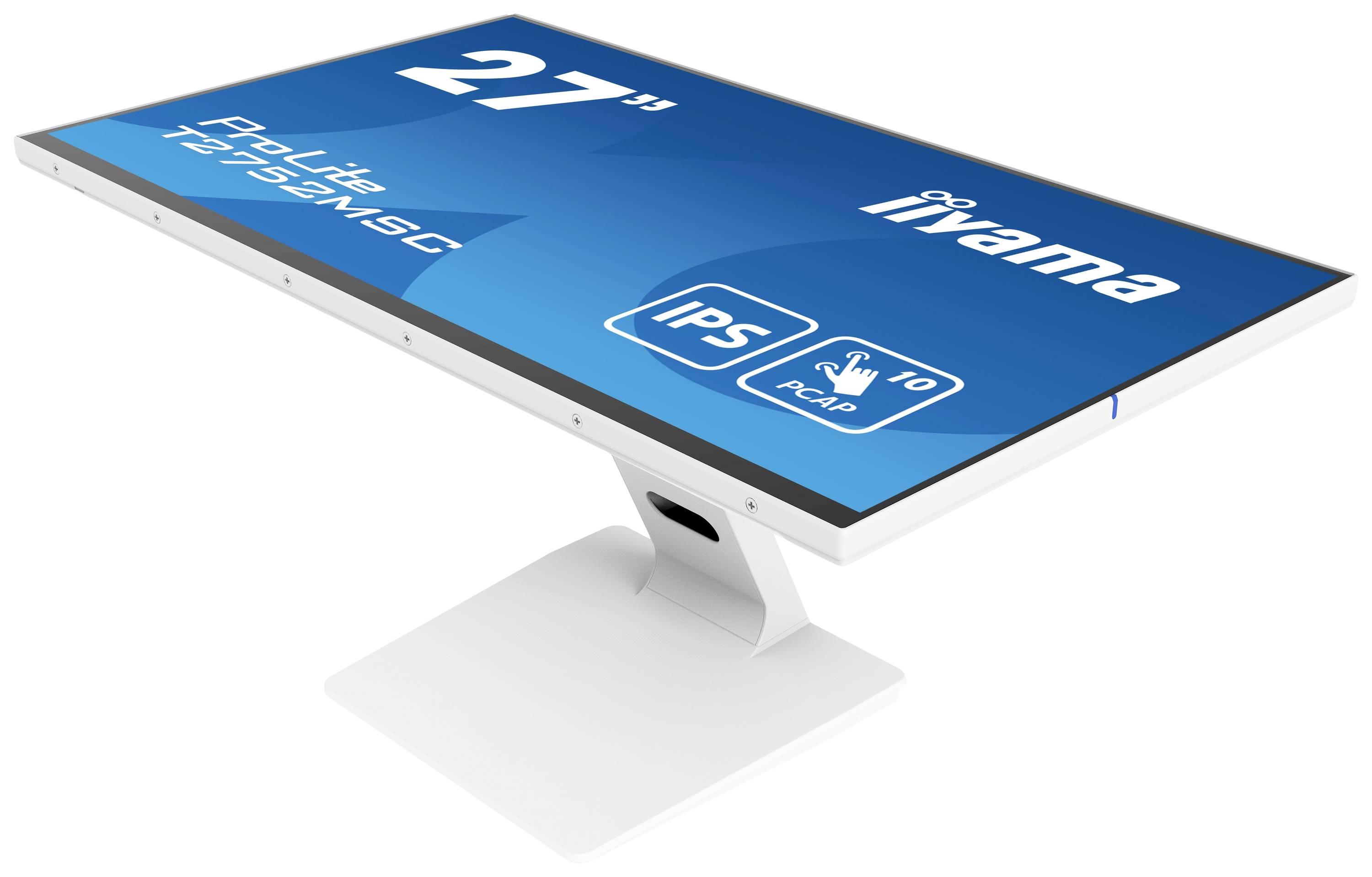 Biały monitor 27-calowy z niebieską prezentacją ekranu, wyświetlający nazwę producenta i model 'iiyama ProLite XB2779QS'. Technologia IPS i płaski ekran.