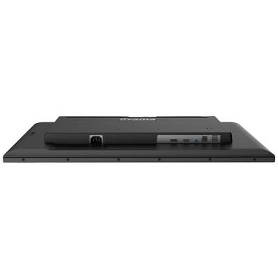 Czarny monitor leży płasko, odwrócony tylną stroną z widocznymi złączami. Posiada porty HDMI i USB, gniazdo zasilania, marka 'iiyama'.