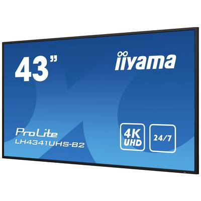 43-calowy monitor firmy iiyama, model 'ProLite LH4341UHS-B2', wyświetlający wskazówki '4K UHD' i '24/7' na niebieskim tle.