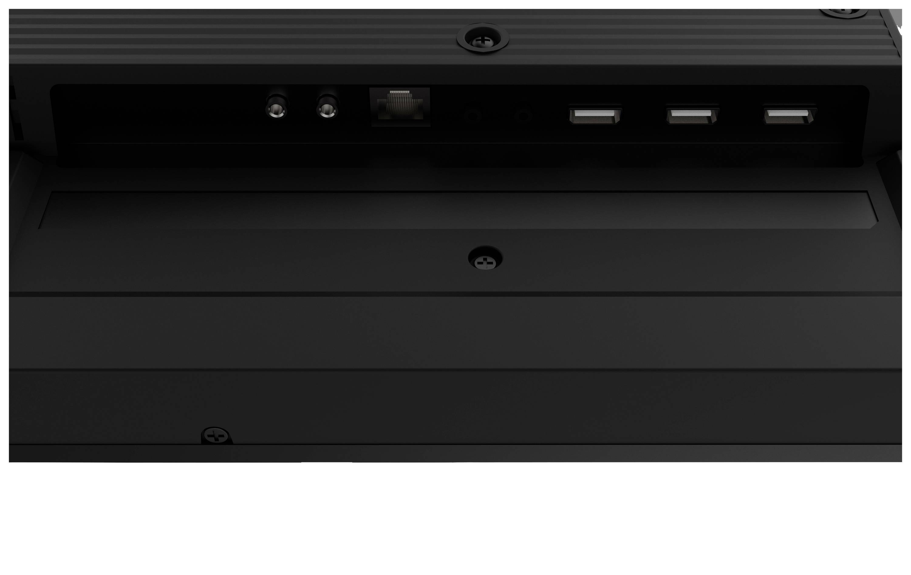 Tylna strona monitora z portami: widoczne dwa złącza koaksjalne, jedno złącze Ethernet oraz trzy złącza USB.