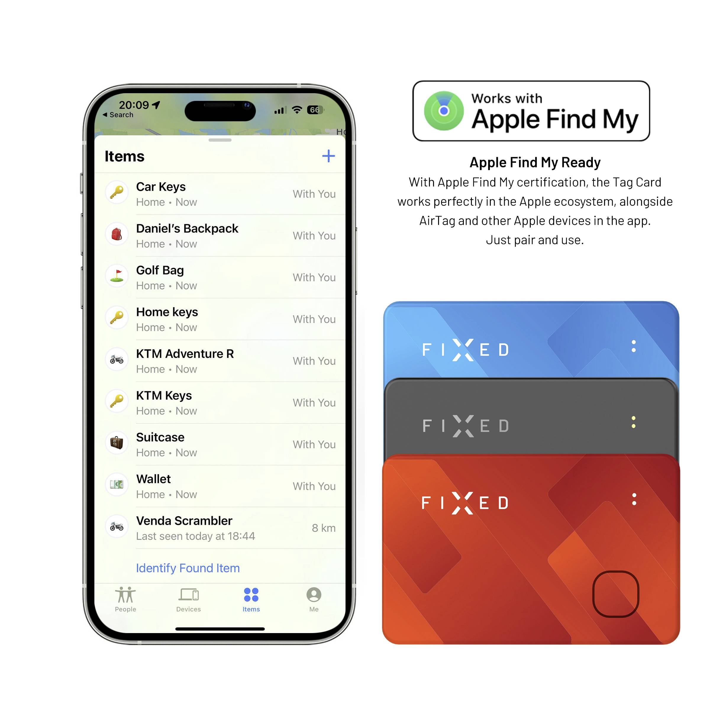 Smartfon wyświetla listę obiektów w aplikacji do śledzenia. Obok po prawej stronie trzy kolorowe karty i tekst "Działa z Apple Find My".