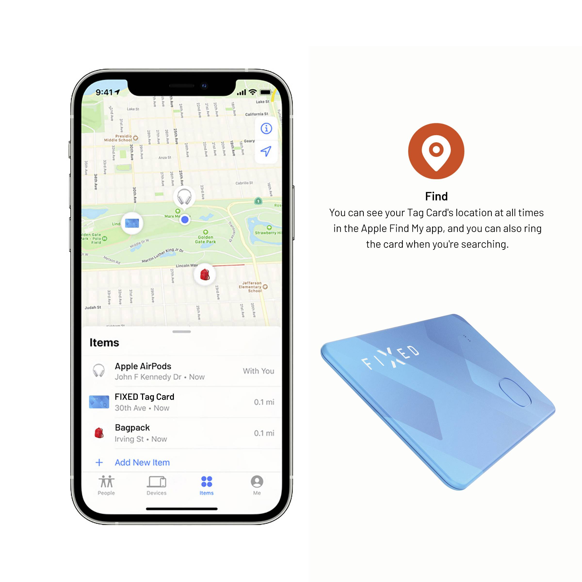 Smartfon wyświetla mapę z lokalizacjami, w tym 'Apple AirPods' i 'FIXED Tag Card'. Obok znajduje się niebieska karta z napisem 'FIXED'.
