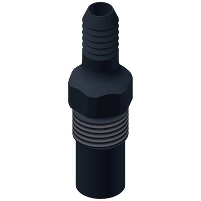 Czarny plastikowy adapter z gwintowanym, żebrowanym gwintem, u góry z przyłączem do węża.