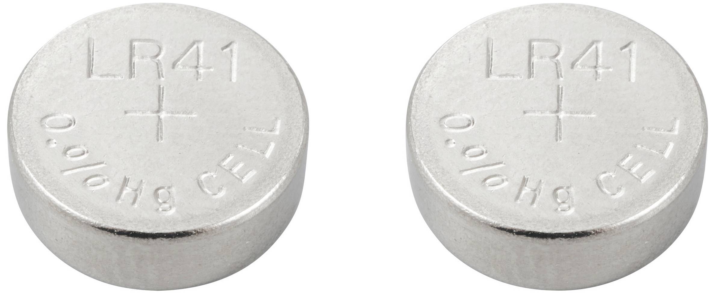 Dwie srebrne baterie guzikowe z napisem 'LR41' i '0% Hg CELL'.