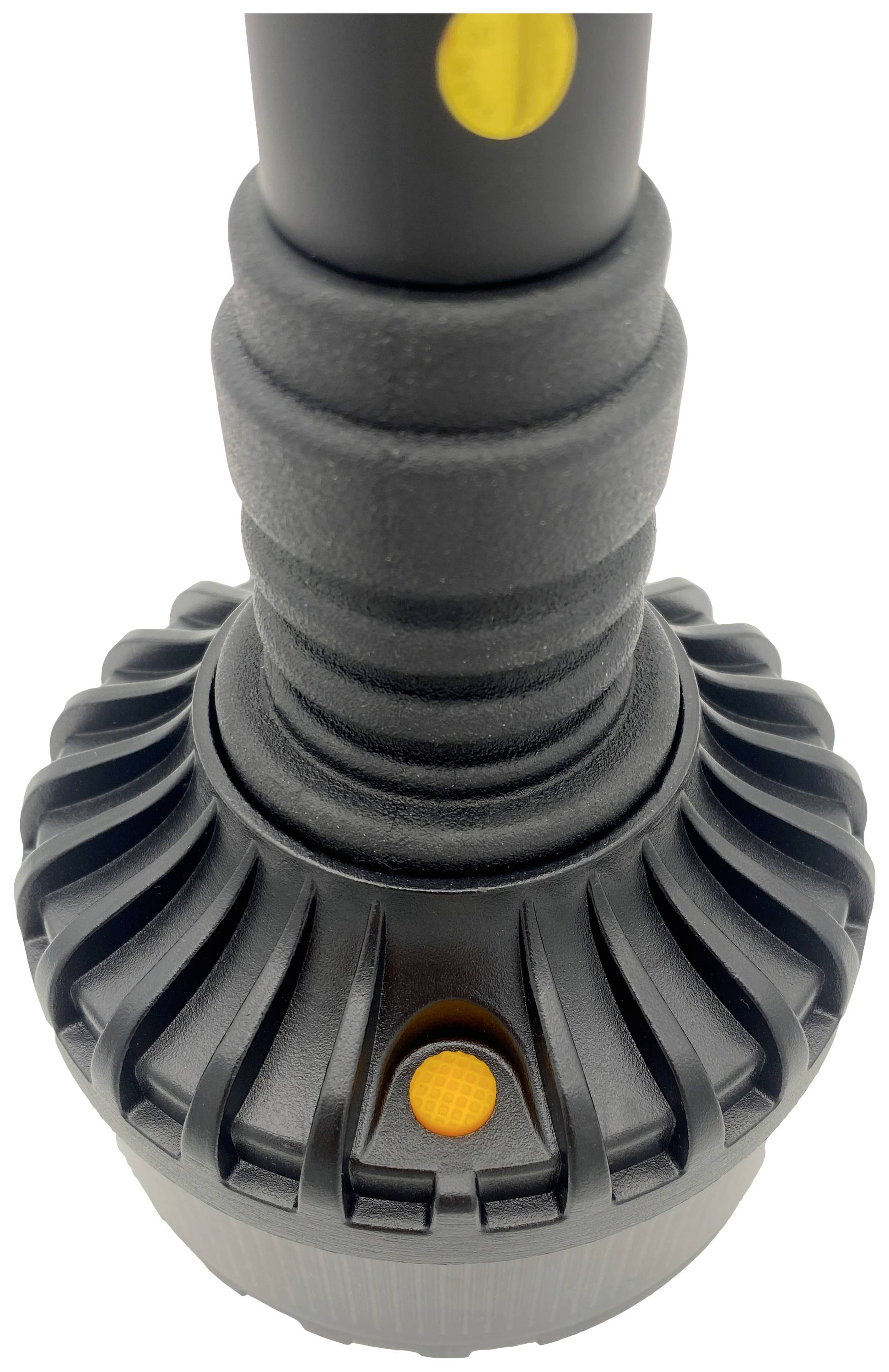 Czarno-żółta latarka z teksturowanym uchwytem i żebrowaną głowicą.