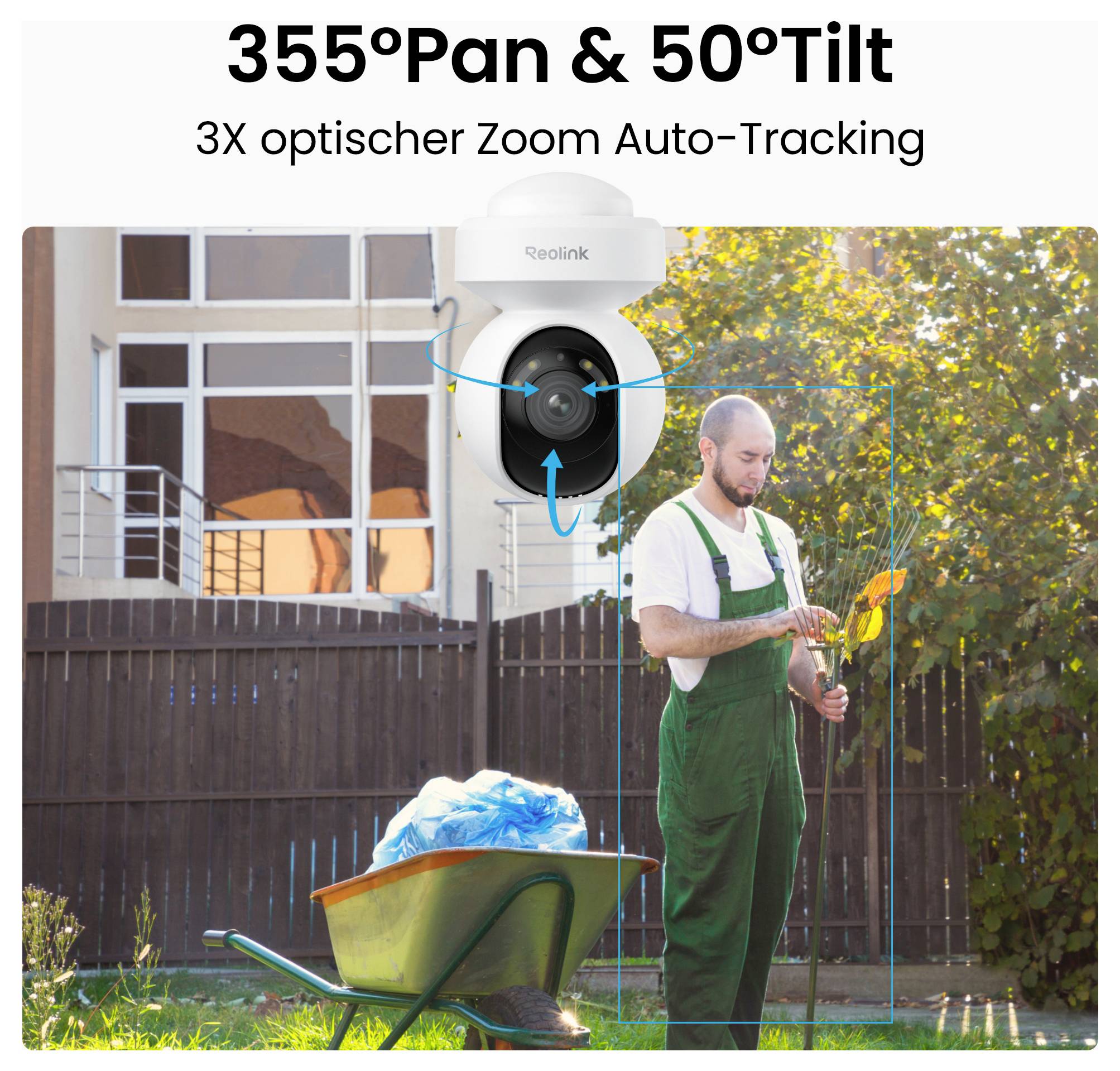 Mężczyzna z łopatą stoi w pobliżu taczek w ogrodzie. Kamera bezpieczeństwa jest skierowana na niego, z etykietą '355°Pan & 50°Tilt 3X zoom optyczny Śledzenie automatyczne.'