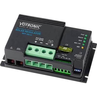 Solarny regulator firmy Votronic do optymalizacji wydajności paneli słonecznych z zaciskami przyłączeniowymi, wskaźnikami LED oraz przełącznikami do sterowania funkcjami.