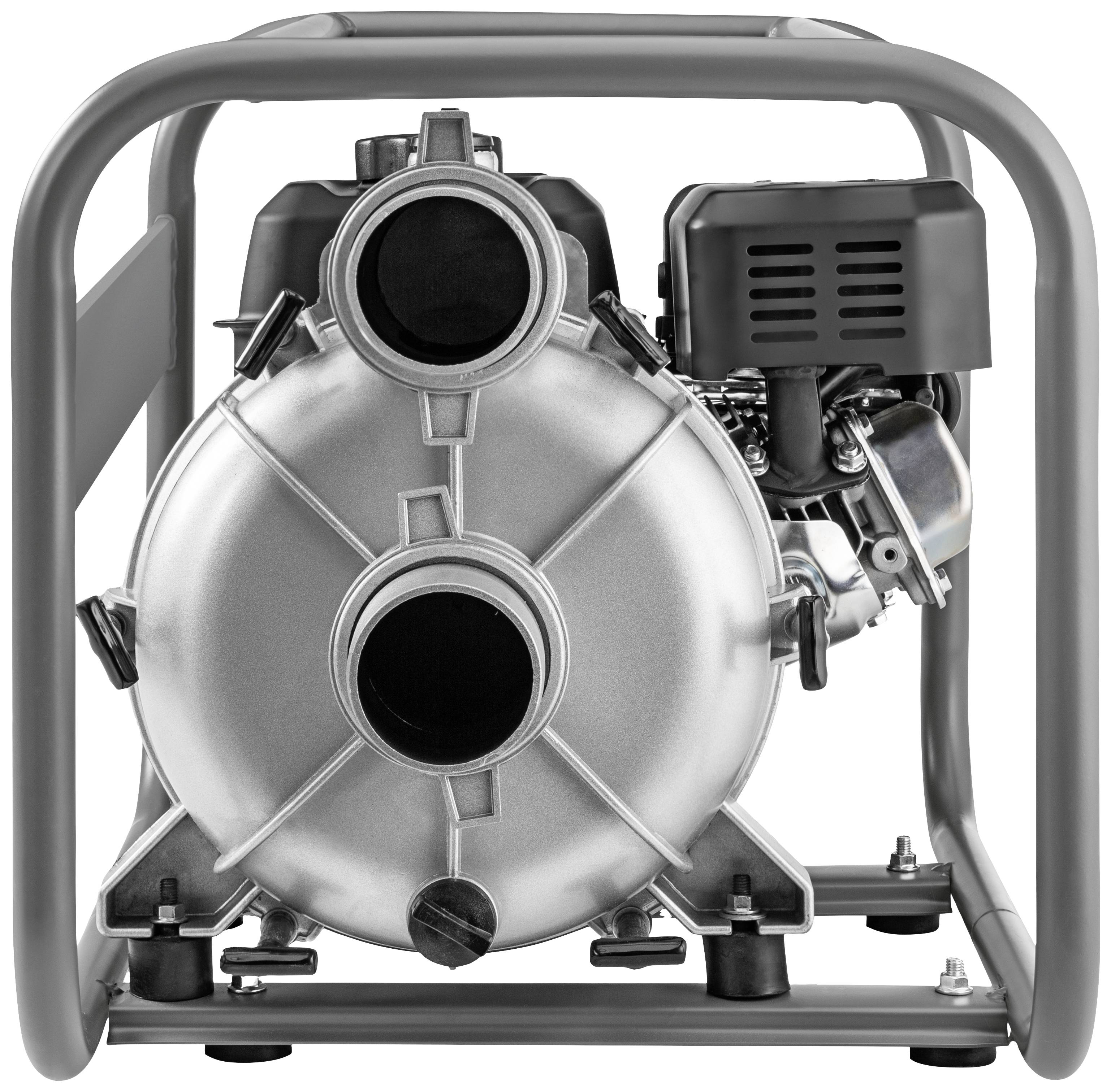 'Pompa ssąca z obudową metalową i ramą ochronną, odpowiednia do zastosowań przemysłowych lub przenoszenia wody na wolnym powietrzu.'