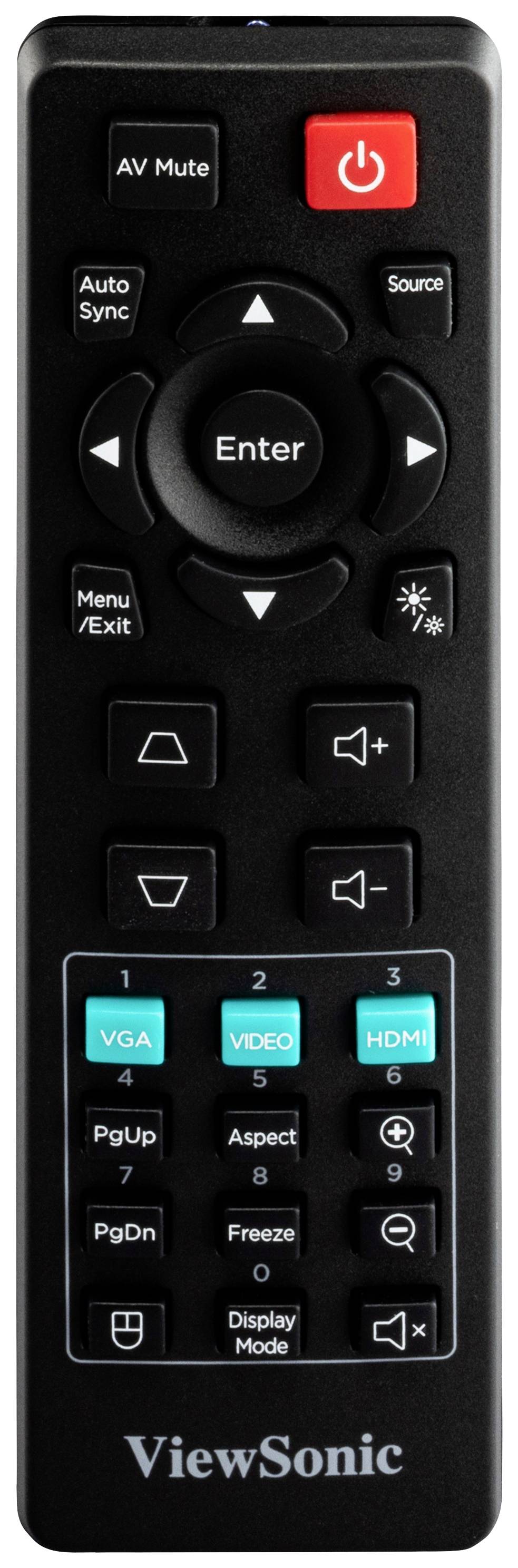 Pilot ViewSonic z przyciskami zasilania, menu, głośności oraz źródła sygnału, takimi jak VGA, Video, HDMI. Czarny z czerwonym przyciskiem zasilania.