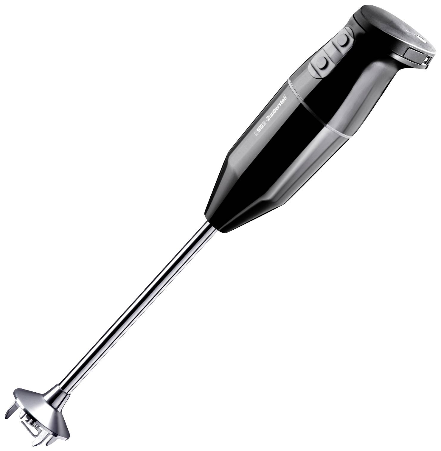 Czarny blender ręczny z metalowym trzpieniem i osłoną ostrzy, odpowiedni do rozdrabniania i miksowania w kuchniach.