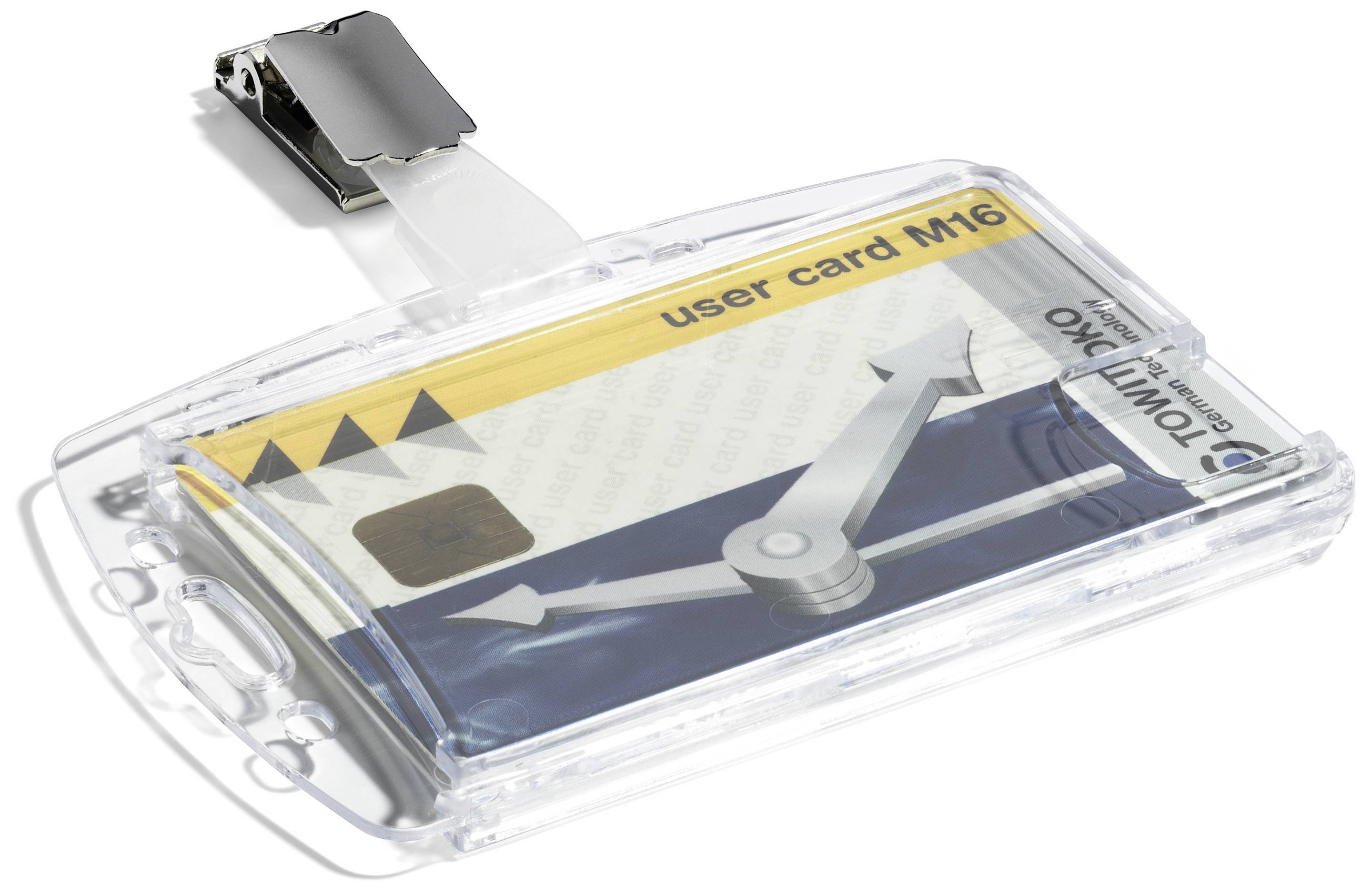Przezroczysty uchwyt na kartę z włożoną kartą z napisem 'user card M16'. Uchwyt posiada metalowy zacisk mocujący.