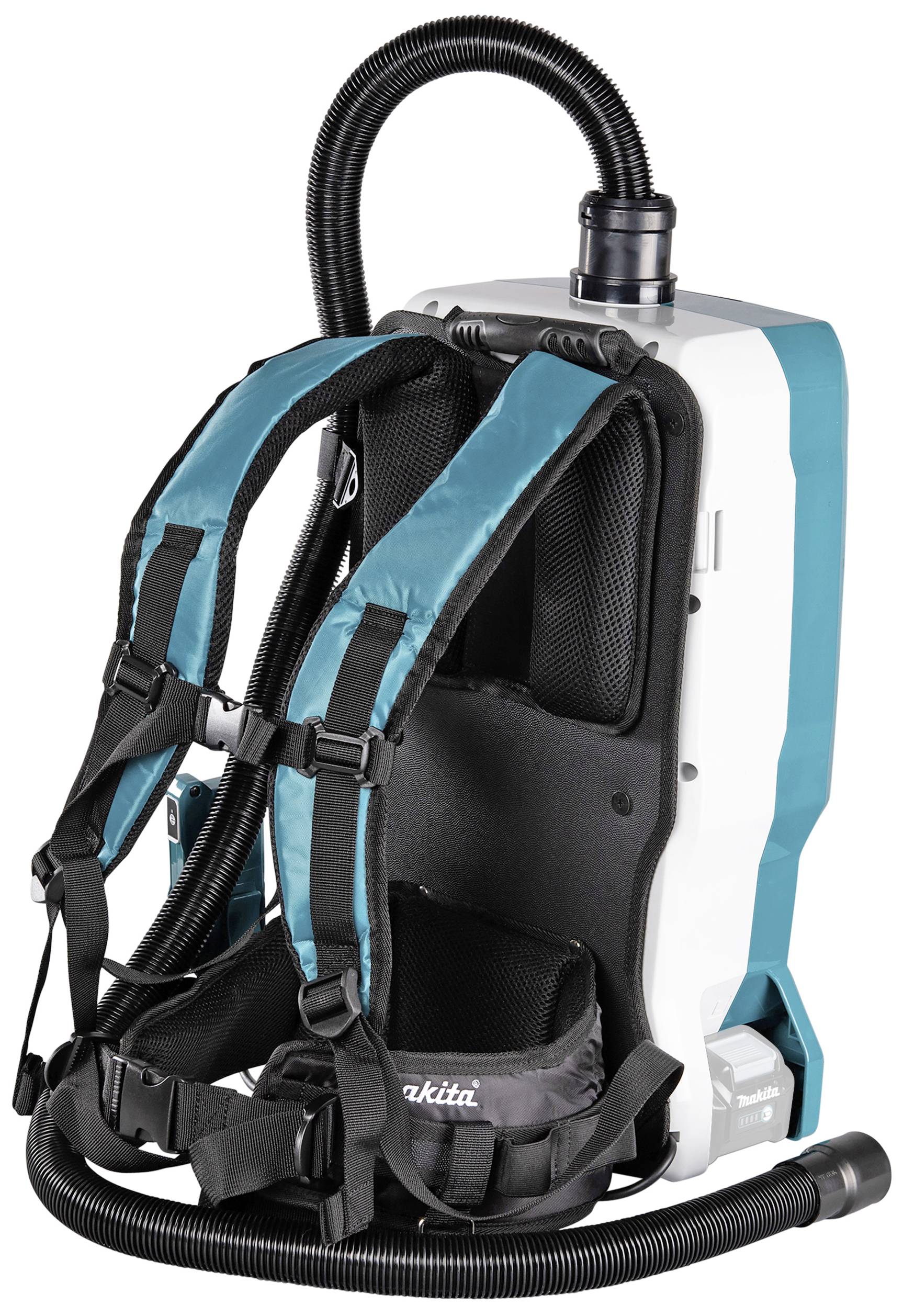 Przenośny odkurzacz plecakowy z regulowanymi paskami. Nazwa modelu widoczna na podstawie. Idealny do wygodnego sprzątania.