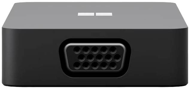 Czarny adapter z gniazdem VGA z przodu, odpowiedni do podłączenia starszych monitorów lub projektorów.