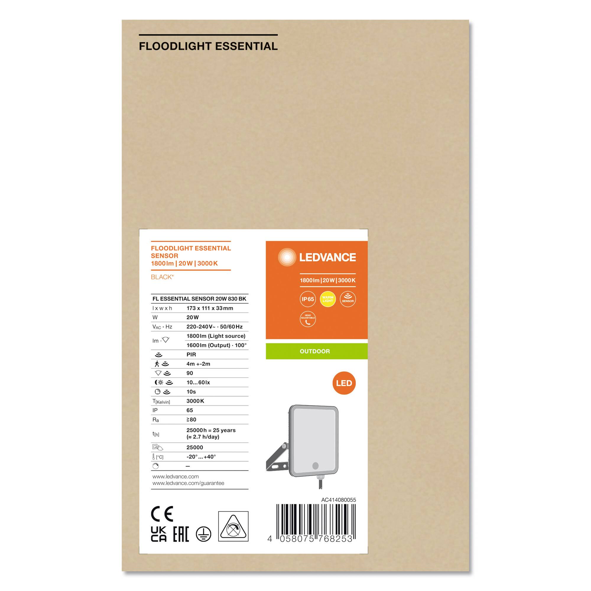 Kartonowe opakowanie naświetlacza LED z naklejką: 'LEDVANCE Floodlight Essential'. Parametry: 1550 lm, 20W, IP44, do stosowania na zewnątrz.