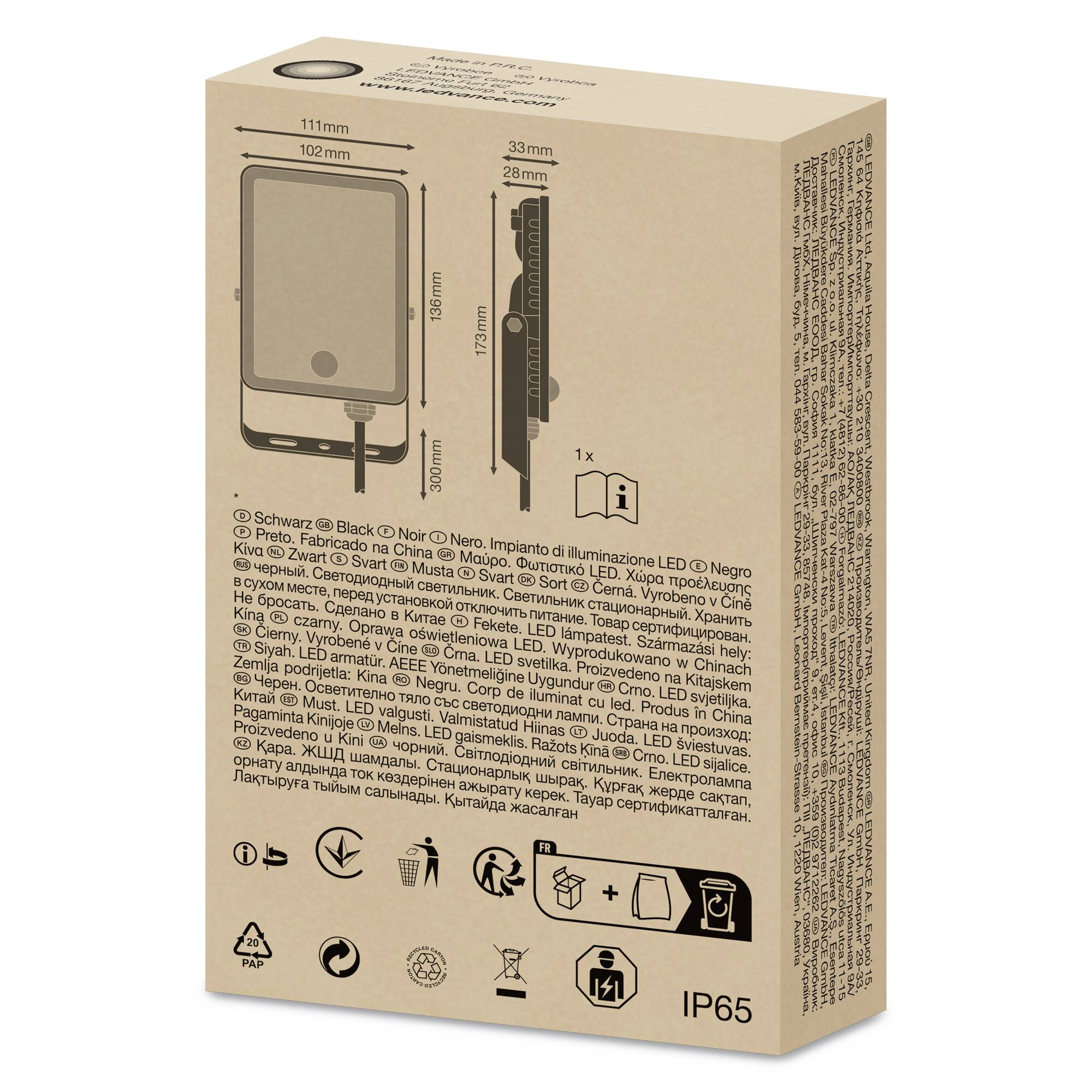 Opakowanie czarnego reflektora LED z wymiarami, symbolami specyfikacji produktu oraz tekstem w wielu językach.