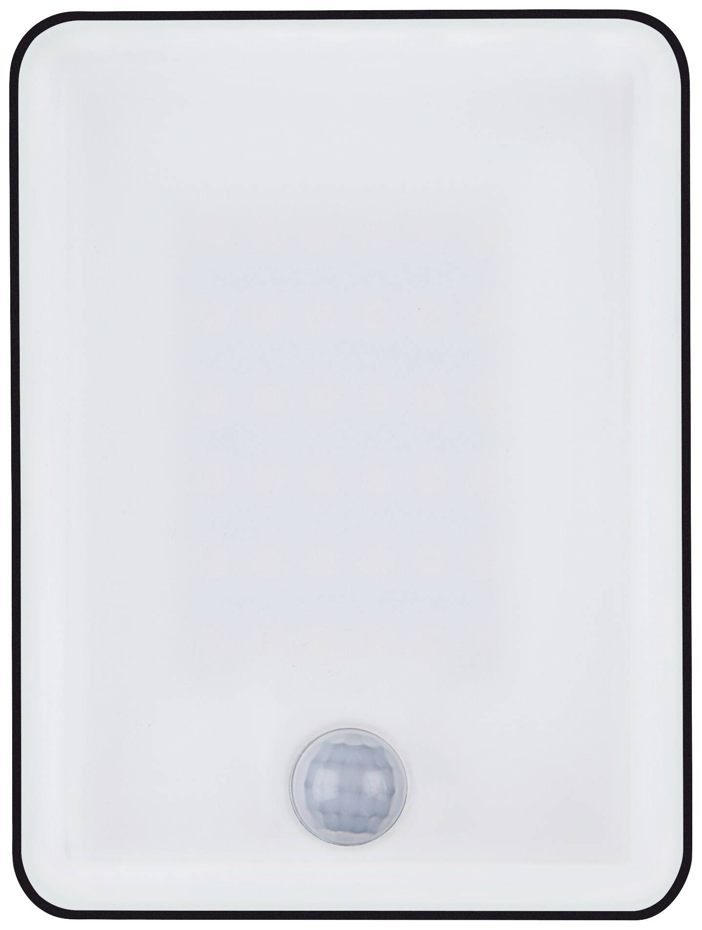 Prostokątne światło LED z czujnikiem ruchu umieszczonym na dole, pośrodku, otoczone wąską czarną ramką.