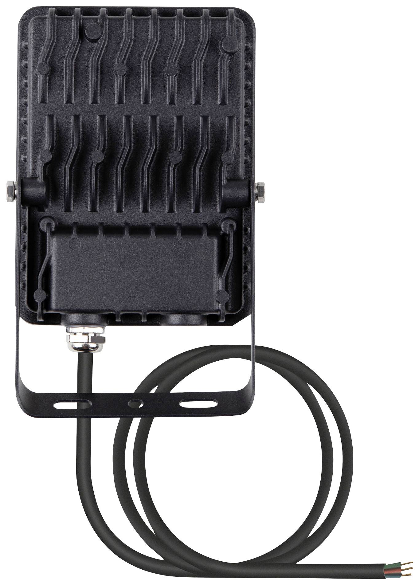 Prostokątny reflektor LED z żeberkami chłodzącymi i przewodem zasilającym. Przeznaczony głównie do oświetlenia zewnętrznego.