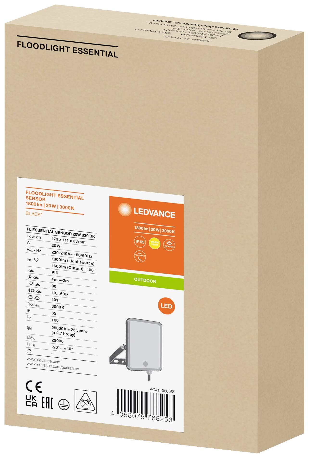 Opakowanie reflektora LED firmy Ledvance. Główne cechy: Moc 20W, temperatura barwowa 3000K, odpowiedni do stosowania na zewnątrz.