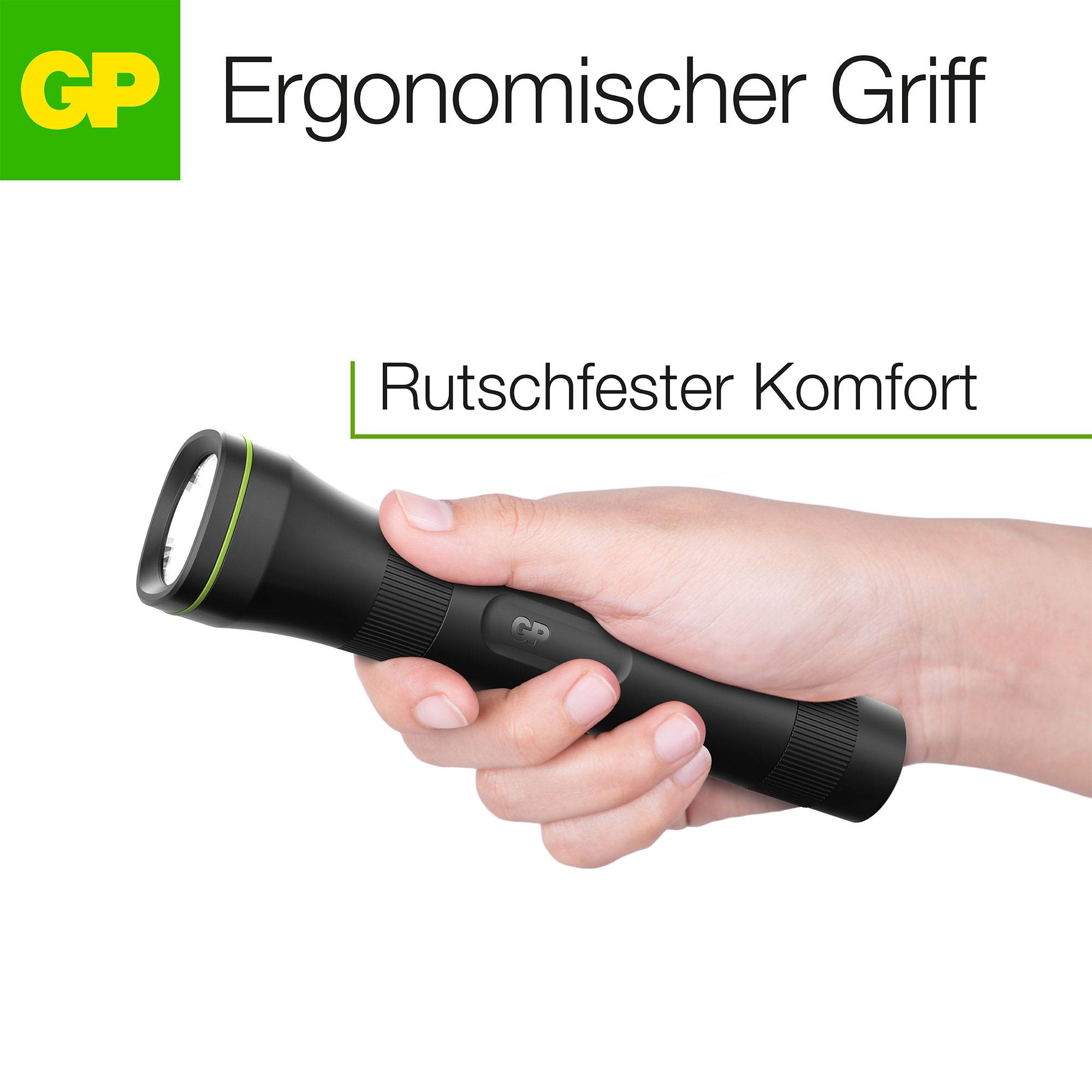 Dłoń trzyma czarną latarkę z ergonomicznym uchwytem z napisem 'Komfortowy, antypoślizgowy'.