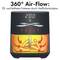 Ilustracja budowy frytownicy beztłuszczowej: cyrkulacja powietrza 360°, przedstawiająca strumień gorącego powietrza wokół smażonych frytek. Wyświetlacz pokazuje 200°C.