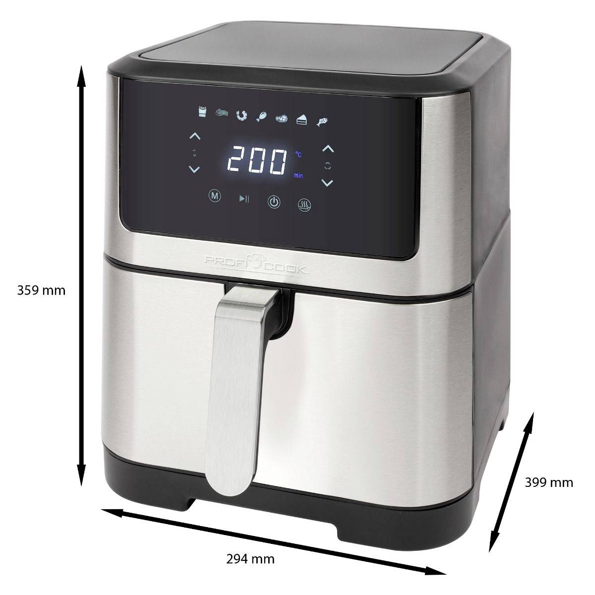 Cyfrowa frytownica beztłuszczowa z powierzchnią ze stali nierdzewnej, panel sterowania wskazuje '200', wymiary: 359 mm wysokości, 294 mm szerokości, 399 mm głębokości.