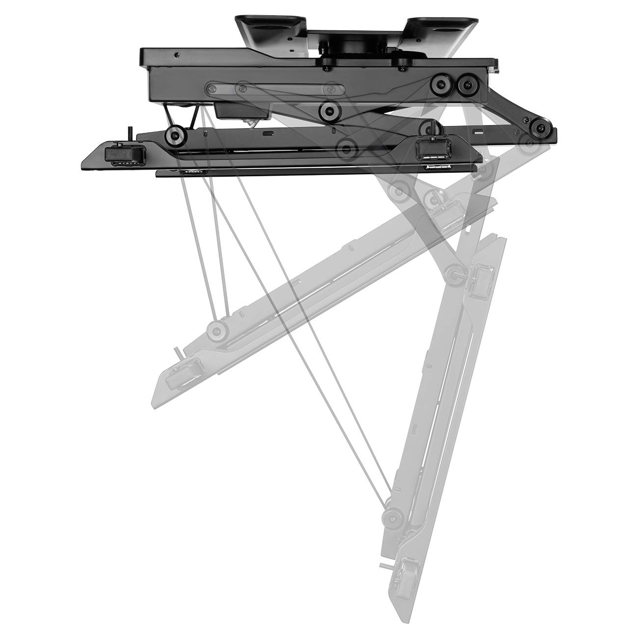 'Widok z boku regulowanej podstawy stołu w różnych pozycjach wysokościowych, przedstawiający mechanizm i osie ruchu.'