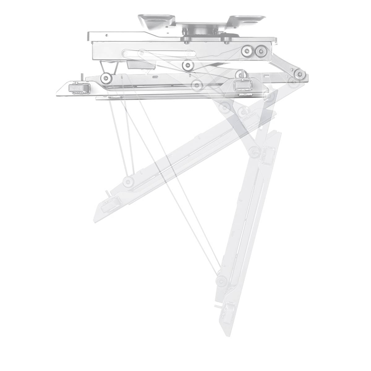 Mechaniczny mechanizm dźwigowy w różnych pozycjach przedstawia jego ruchome części oraz możliwe zakresy ich ruchu.