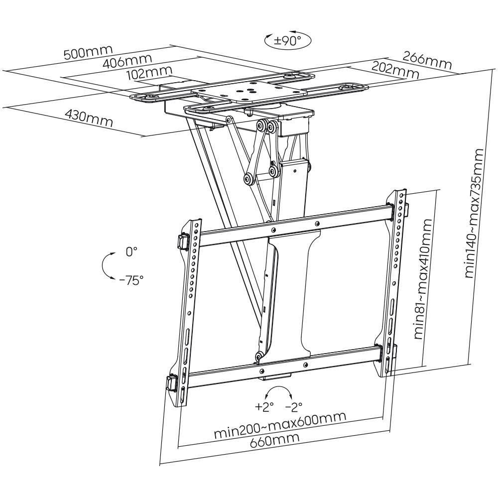 Diagram systemu regulowanego mocowania ściennego z wymiarami w milimetrach i kątami nachylenia. Prezentuje opcje montażu.
