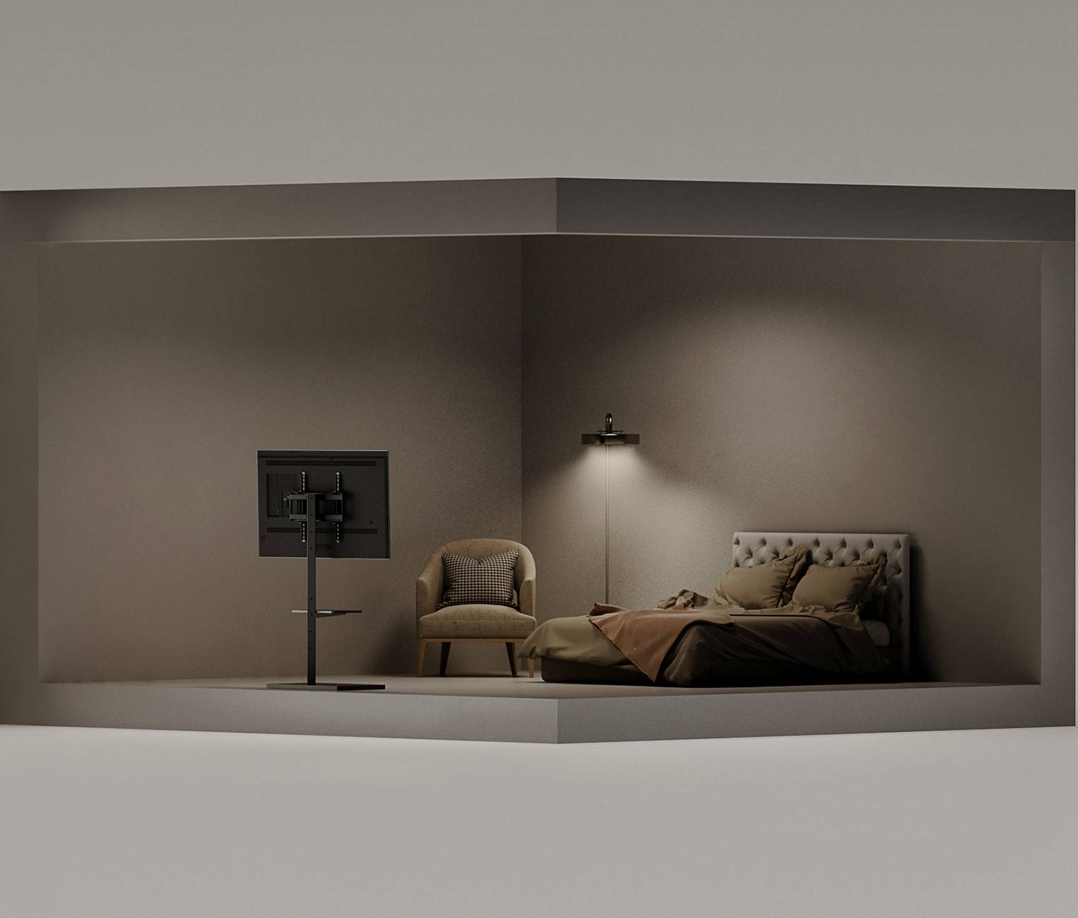 Nowocześnie urządzony pokój sypialny z dużym łóżkiem, lampą stojącą oraz krzesłem ustawionym przed telewizorem wiszącym na ścianie.