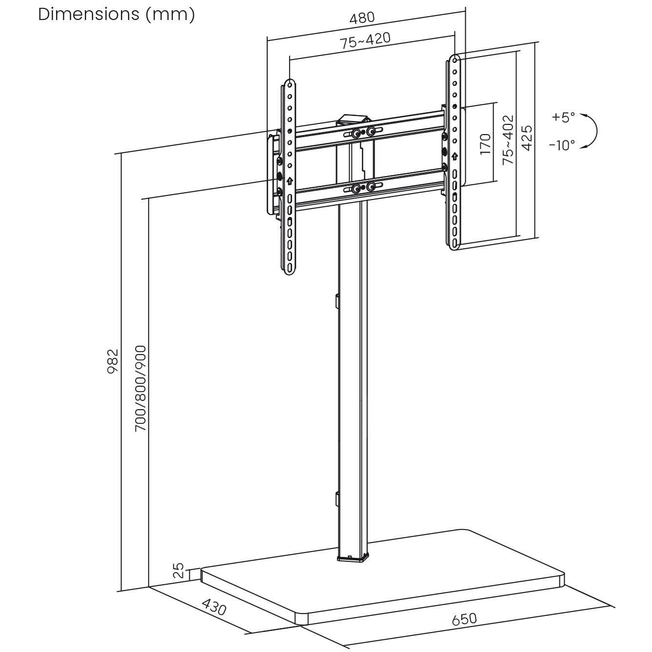 Rysunek regulowanego stojaka na telewizor z wymiarami w milimetrach, w tym wartościami wysokości i pochylenia. Przedstawiono podstawę, słup i uchwyt.