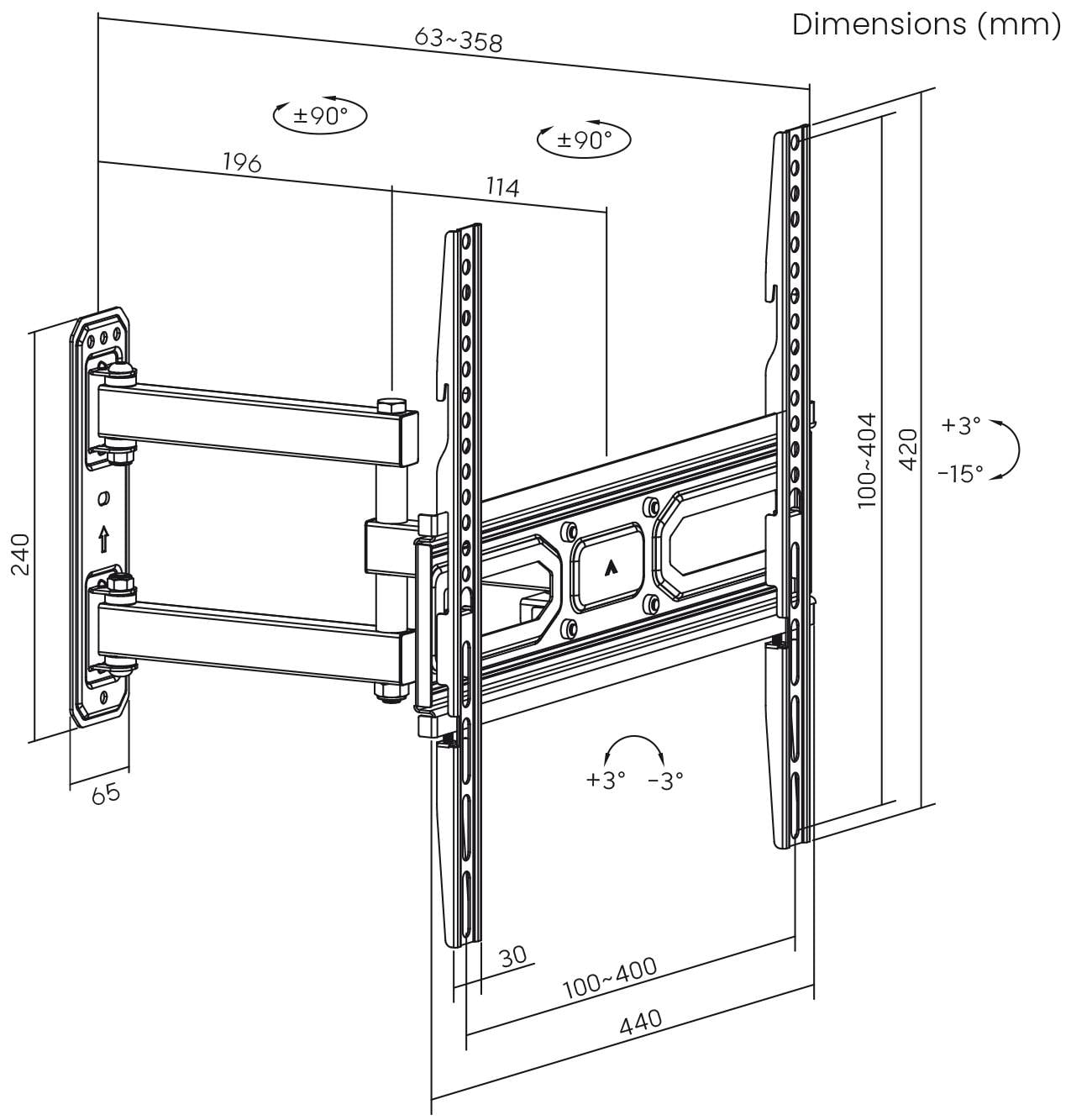 Rysunek techniczny wspornika ściennego, wymiary podane w milimetrach. Szkic przedstawia regulowane kąty i wysokości montażu.
