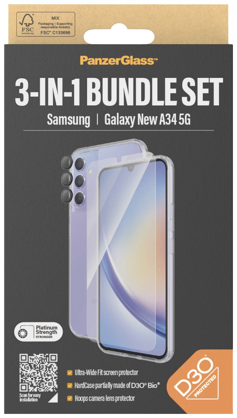 Zestaw 3-w-1 PanzerGlass dla Samsung Galaxy New A34 5G: ochrona wyświetlacza, etui na telefon z materiałem D3O, ochrona obiektywu aparatu.