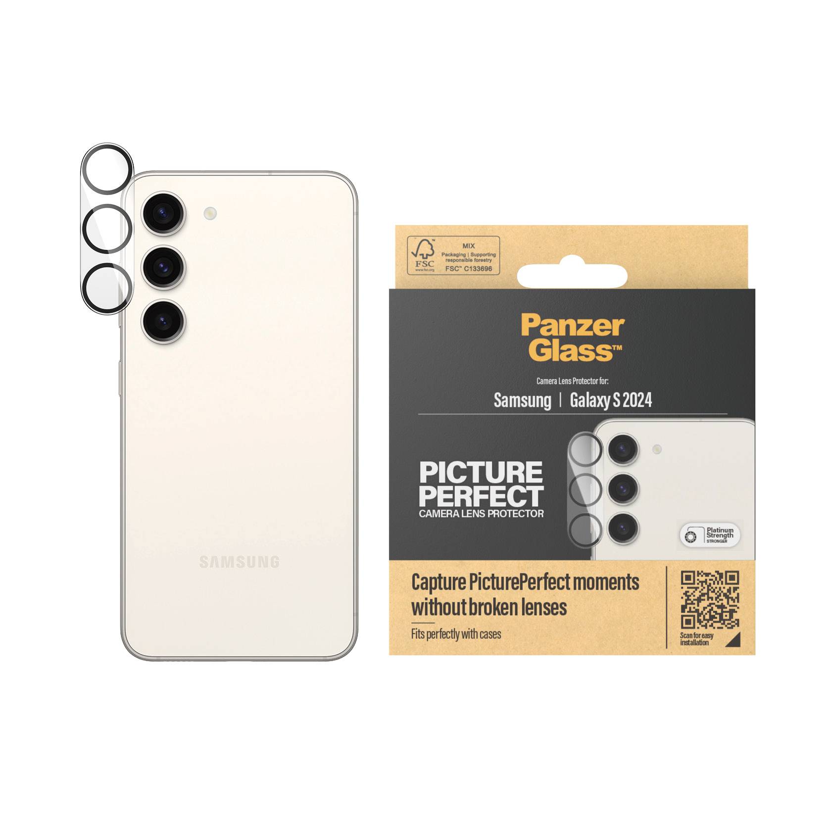 Samsung Galaxy S2024 smartfon z ochroną obiektywów PanzerGlass, zapakowany obok. Chroni aparaty dla idealnych zdjęć, kompatybilny z etui.