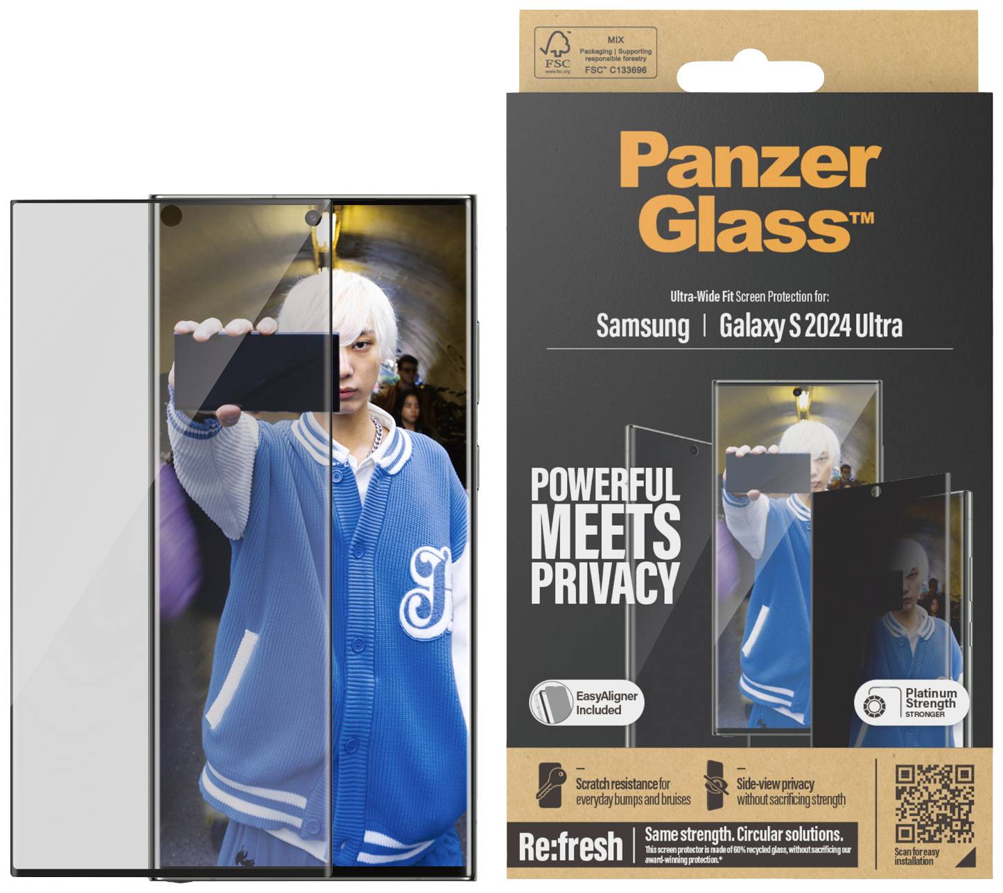 Szkło ochronne 'Panzer Glass' do Samsung Galaxy S2024 Ultra. Opakowanie przedstawia obraz smartfona z mężczyzną w tle.
