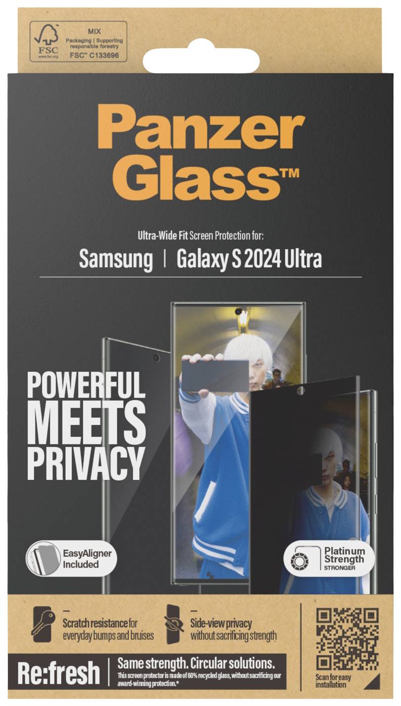 Szkło ochronne PanzerGlass do Samsung Galaxy S24 Ultra. Tekst: 'Moc spotyka Prywatność', 'EasyAligner w zestawie'.