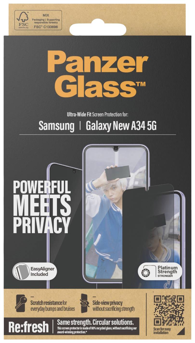 Opakowanie folii ochronnej PanzerGlass dla Samsung Galaxy A34 5G z hasłem 'Powerful meets privacy'. Zawiera EasyAligner.