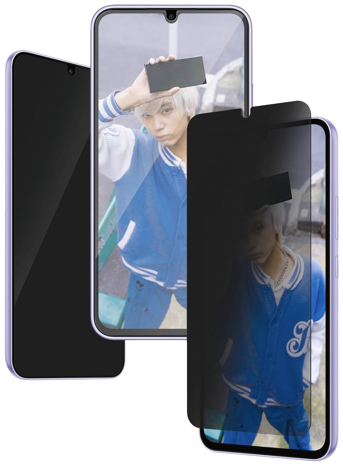 Trzy smartfony, jeden z nich przedstawia osobę z białymi włosami w niebieskiej kurtce, pozostałe dwa są wyłączone lub wyświetlają ekran blokady.