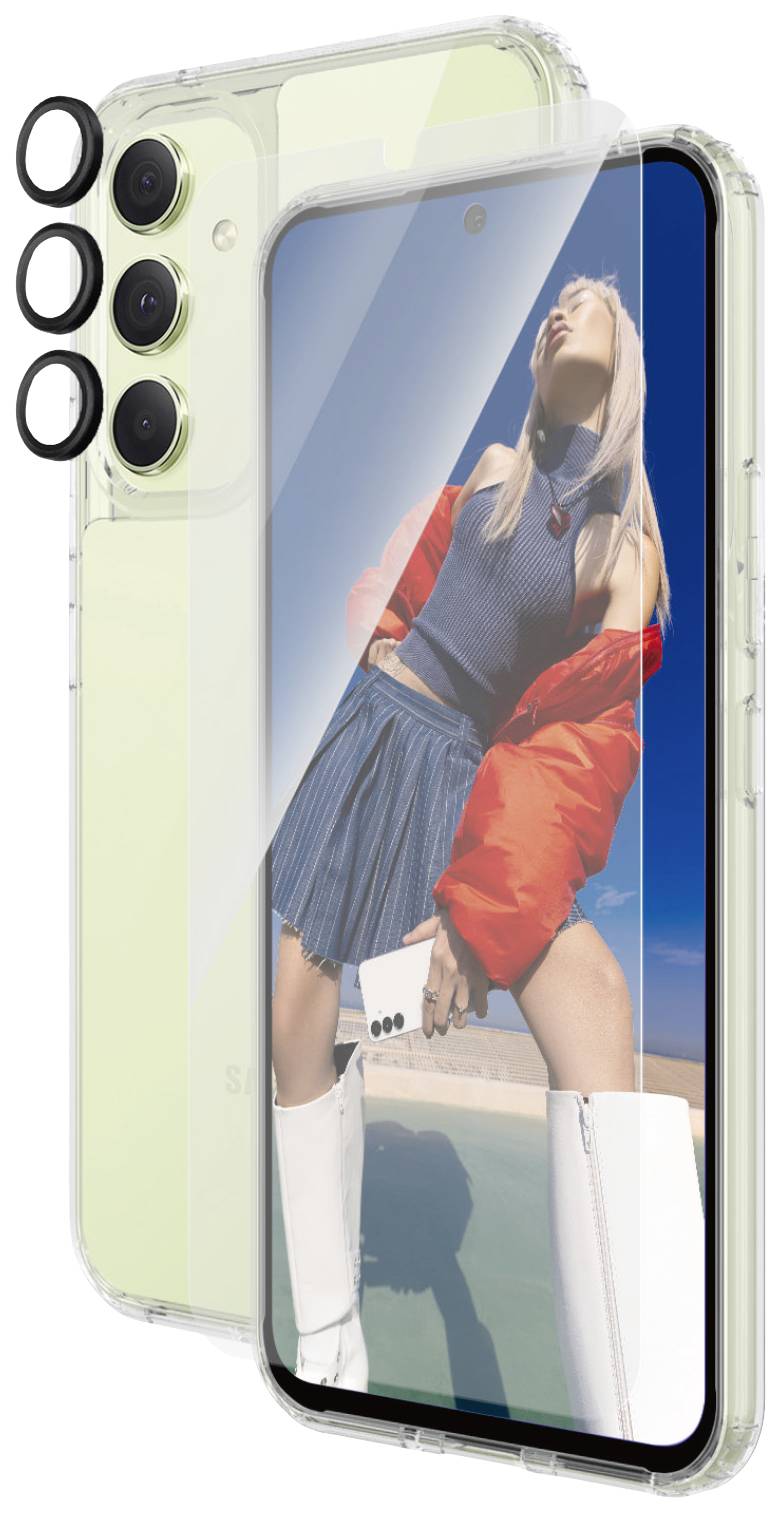 Smartfon z przezroczystym etui, na wyświetlaczu kobieta w czerwonej kurtce i niebieskiej spódnicy, stojąca w słońcu.