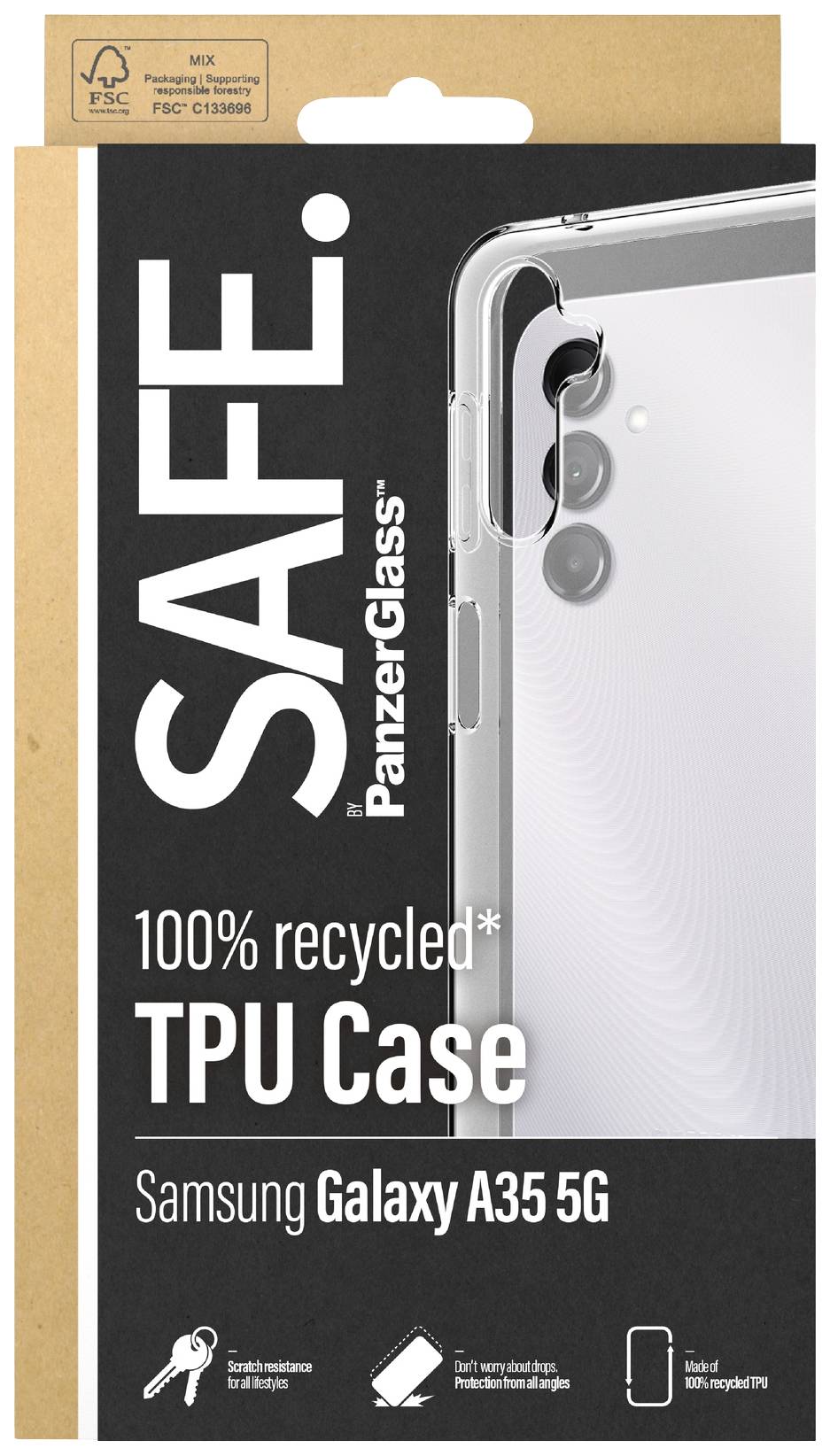 'Opakowanie przezroczystego etui z TPU firmy PanzerGlass do Samsung Galaxy A35 5G. Etui wykonane w 100% z materiału z recyklingu.'