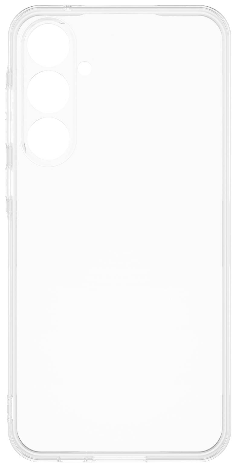Przezroczyste etui na telefon z wycięciami na aparat i porty, dopasowane do smartfona z trzema obiektywami z tyłu.