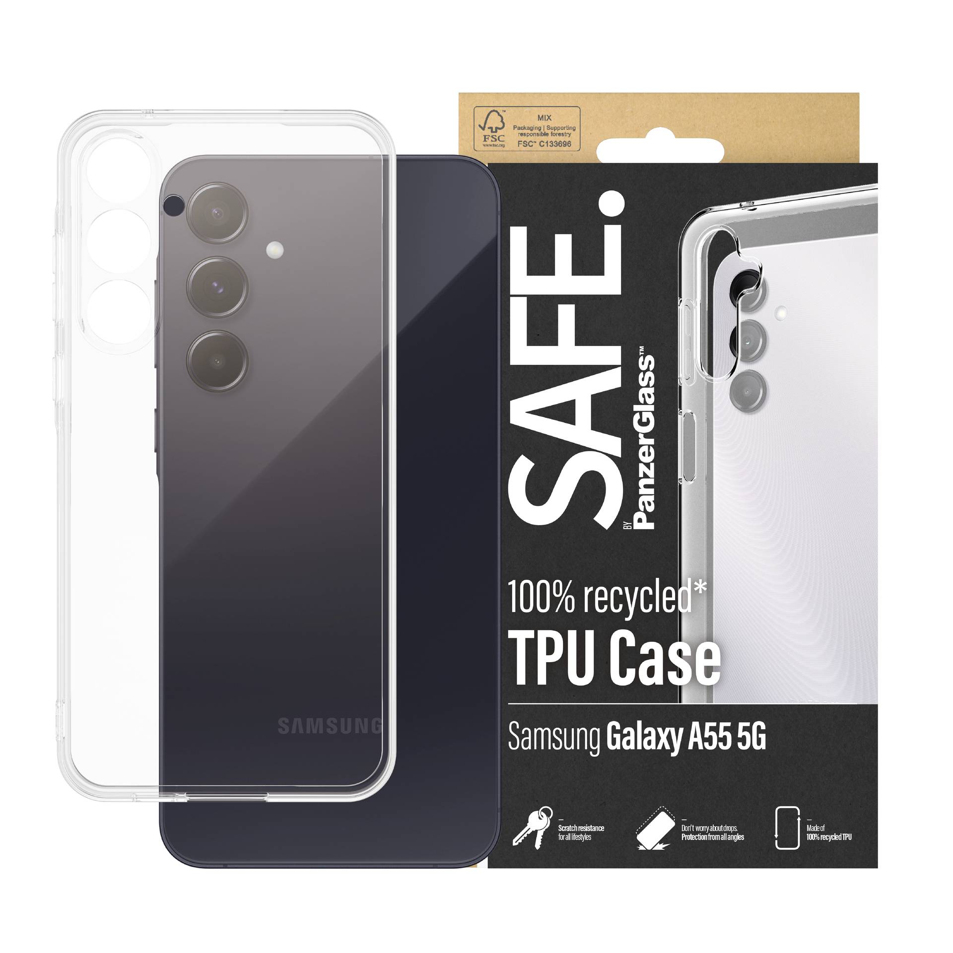 Etui Samsung Galaxy A55 5G z TPU, w 100% z recyklingu, z technologią PanzerGlass, prezentujące etui i opakowanie.