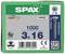 Zielona opakowanie wkrętów SPAX, zawiera 1000 sztuk, rozmiar 3x16 mm, wyprodukowane w Niemczech, z kodem QR i specyfikacją produktu.