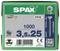 Zielona skrzynka z 1000 wkrętów, rozmiar 3,5x25 mm, marka SPAX. Wyprodukowane w Niemczech. Zawiera kod produktu i kod QR.